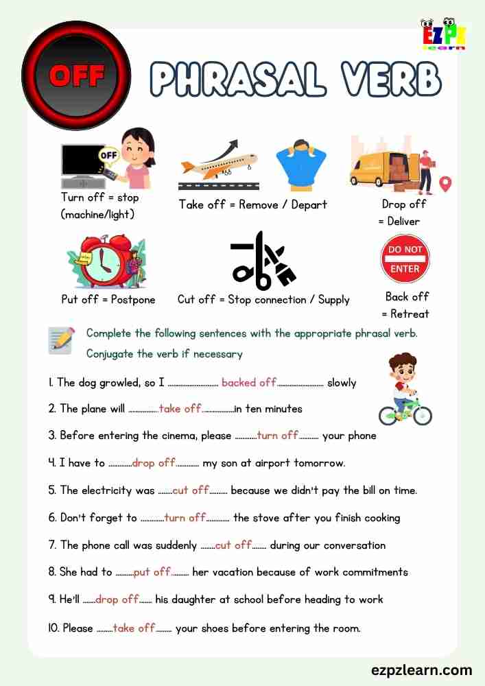 “Off” Phrasal Verbs Worksheet – Complete 10 Sentences | ESL Grammar Practice